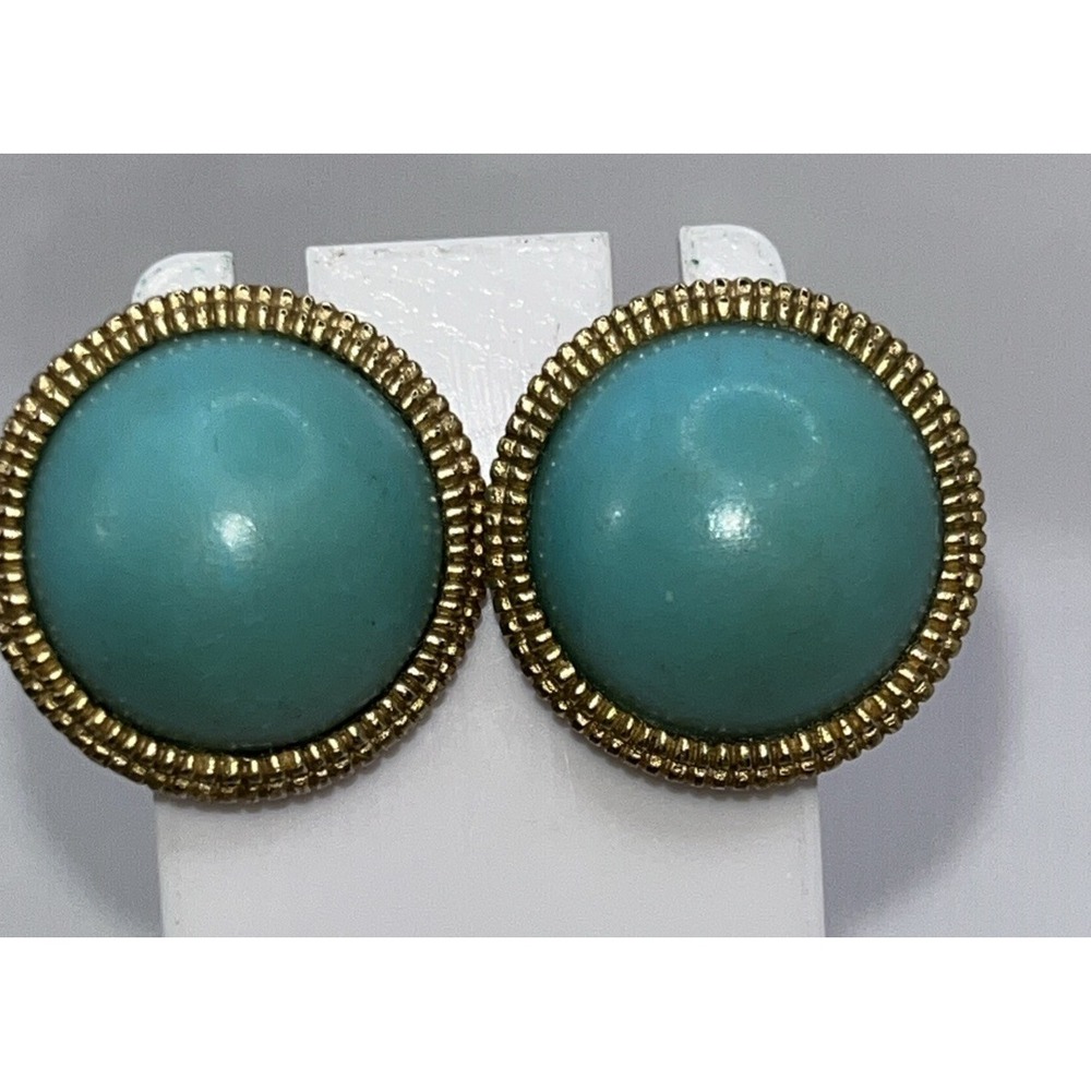 Vintage CROWN TRIFARI Earrings Signed Faux Turquoise Gold Beaded Round Elegant